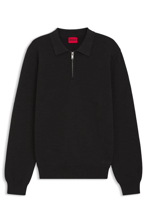 HUGO - Zip-neck knit polo in interlock cotton - Black