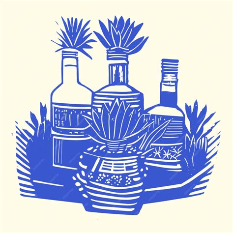 A lot of maguey plants and mezcal bottle vector illustration linocut ...