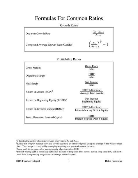 Finance - Formulas for Common Ratios - Formulas For Common Ratios Growth Rates One-year Growth ...