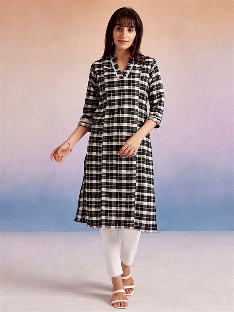 Shop Black Cotton Blend Checked Straight Kurta - Jaipur Kurti