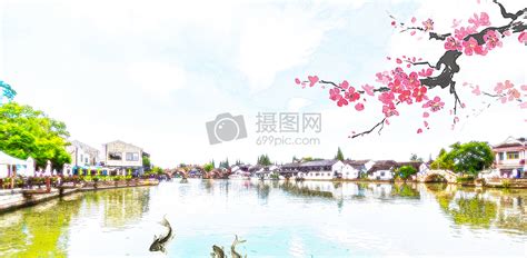 中国风江南小桥流水水墨桃花壁纸图片素材-正版创意图片500448047-摄图网