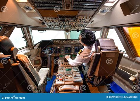 Interior View Of Airline Pilot Work In The Cockpit. Royalty-Free Stock ...