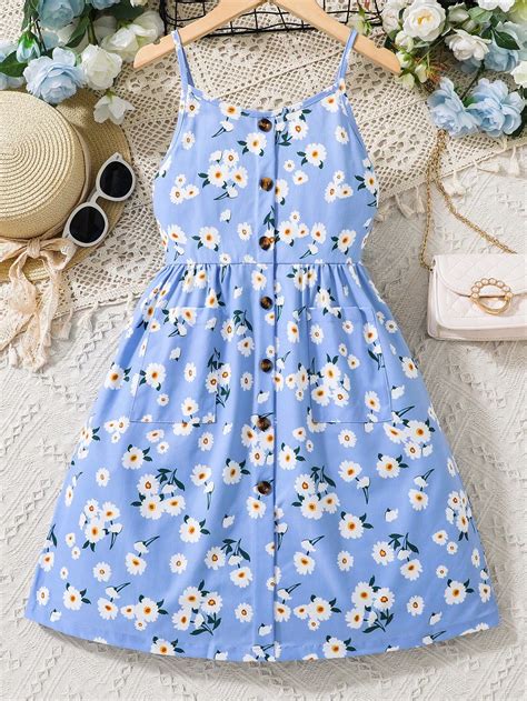 Garotas Impressão Floral Botão Frontal Vestido Cami | Spring dresses ...