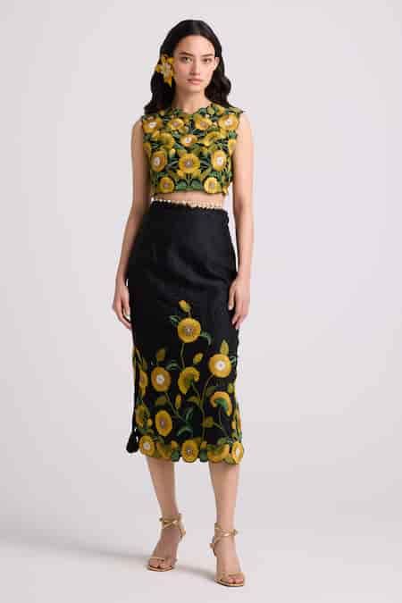 Buy Black Chanderi, Cotton Embroidery Round Neck Sunflower Crop Top For ...