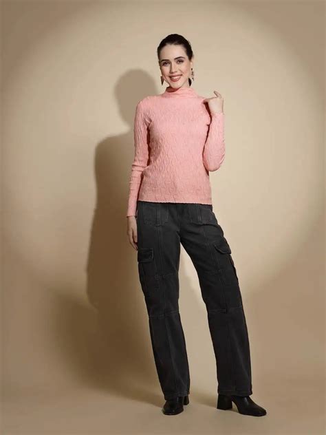 Peach Solid Full Sleeve Turtle Neck Knitted Skeevi