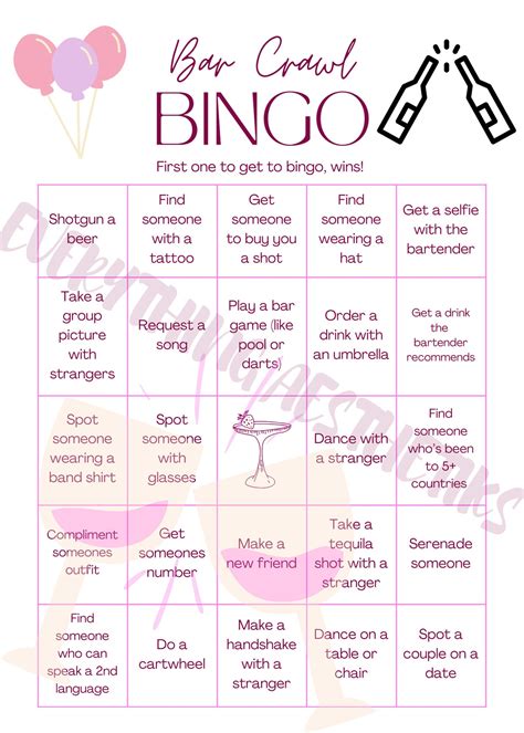 Bar Crawl Bingo Bachelorette Birthday Party Girls Night Out Scavenger ...