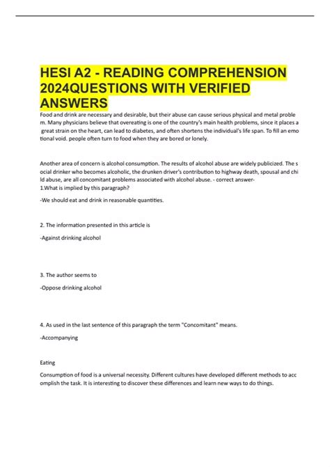 HESI A2 - READING COMPREHENSION 2024QUESTIONS WITH VERIFIED ANSWERS ...