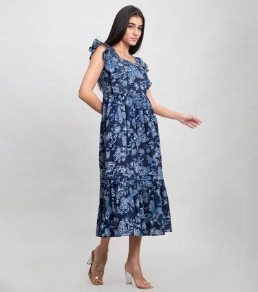 Navy Cotton Printed Midi Dress with Smocking & Stitch line – Canvas