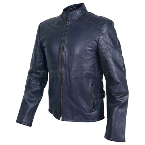 Men Navy Blue Genuine Leather Jacket with Rib Quilted Padded Shoulders ...