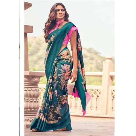 Wonderful Night Blue And Pink Colour Printed Pure Linen Saree For Wome