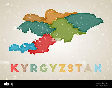 Kyrgyzstan map. Country poster with colored regions. Old grunge texture ...