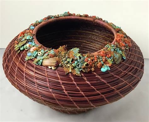 Embellished rust and turquoise pine needle basket made by marcie stone ...