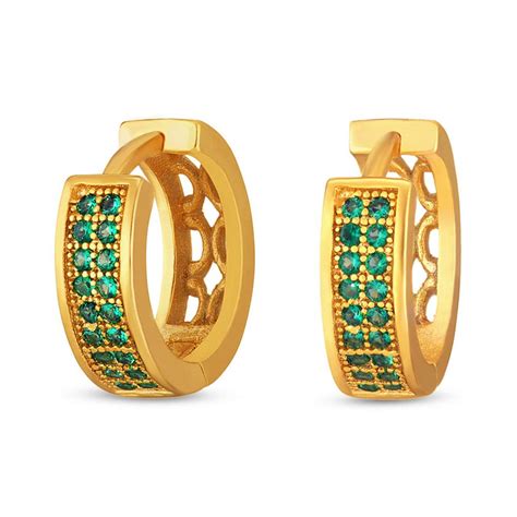 Mahi Gold plated Medium Double line Green CZ stone Huggies Hoops Earri ...