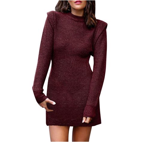 Womens Turtleneck Knit Sweater Mini Dress Button Long Sleeve Dress ...