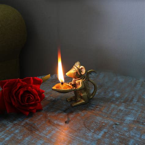 Brass Durable Home Decor Ganesha's Mouse Holding Oil Lamp Diya – Two ...