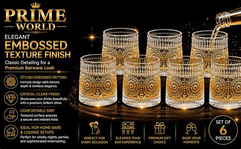PrimeWorld Embossed Dancing Whiskey Glass Set of 6 Pcs with Rotable ...
