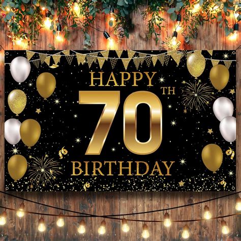 Buy 70th Birthday Party Decorations Backdrop Banner, Black Gold Happy ...