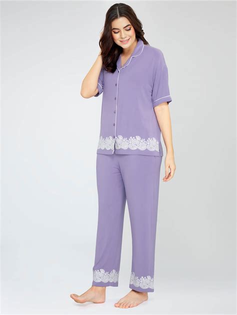 ZEYO Women's Viscose Violet Floral Printed Night Suit Set of Shirt & P