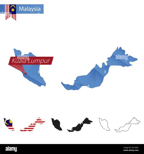 Malaysia blue Low Poly map with capital Kuala Lumpur, versions with flag, black and outline ...