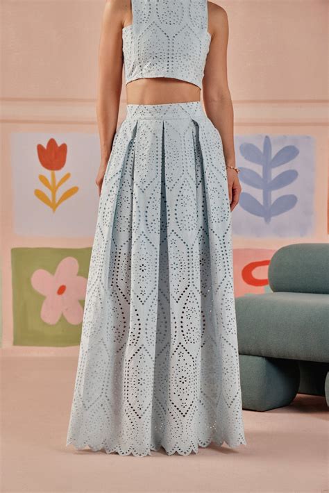 Pastel Blue Flared Cotton Skirt with Box Pleats – Sage By Mala
