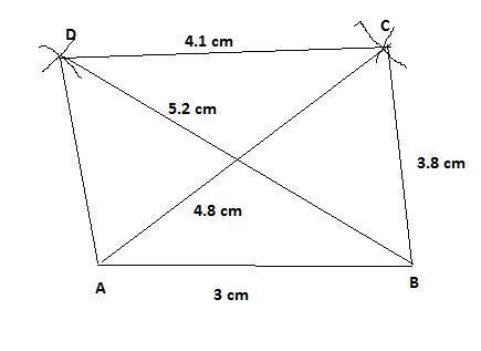 construct a quadrilateral abcd such that ab = 3cm,bc =3.8cm cd =4.1cm ...