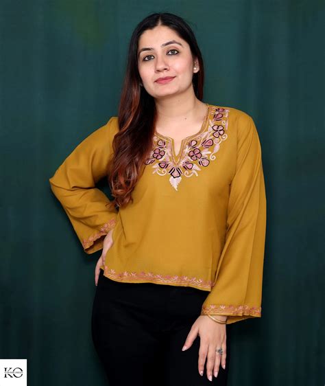 Mustard Base Embroidered Cotton Short Kurti – Kashmir origin
