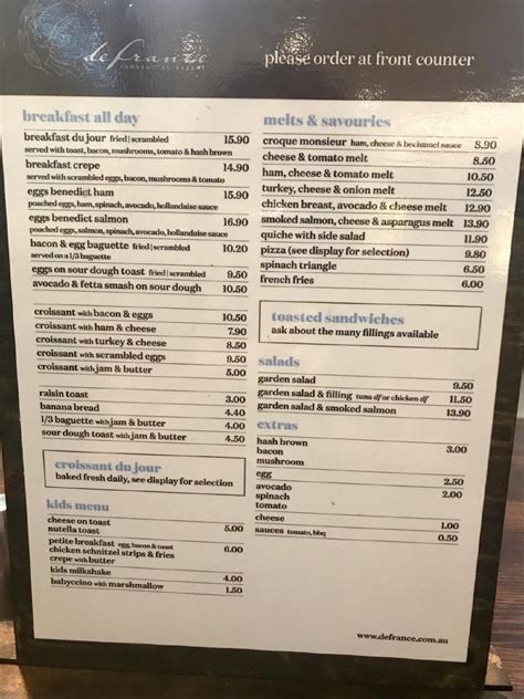 Menu at De France Provincial Bakery, Miranda