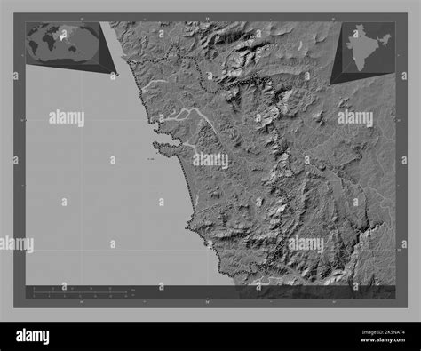 Goa, state of India. Bilevel elevation map with lakes and rivers. Corner auxiliary location maps ...