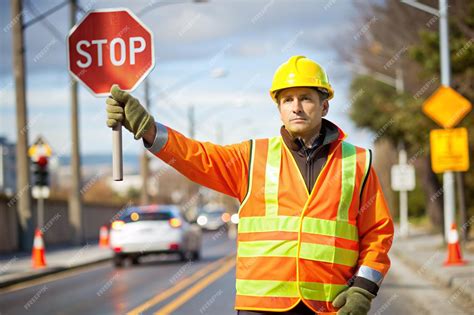 Premium Photo | Traffic Control Flagger with Slow Sign