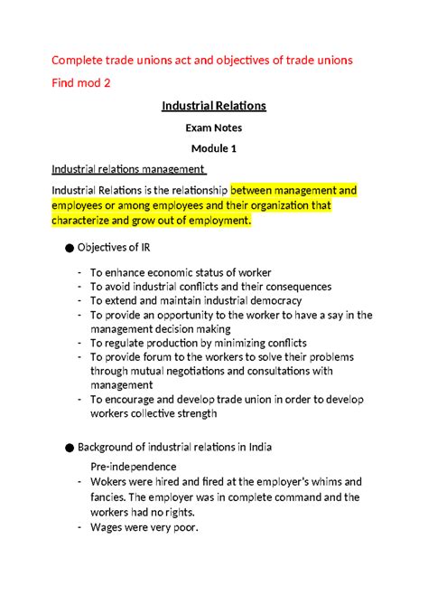 Industrial Relations Exam Notes (MOD 2) - Trade Unions Act & Objectives ...