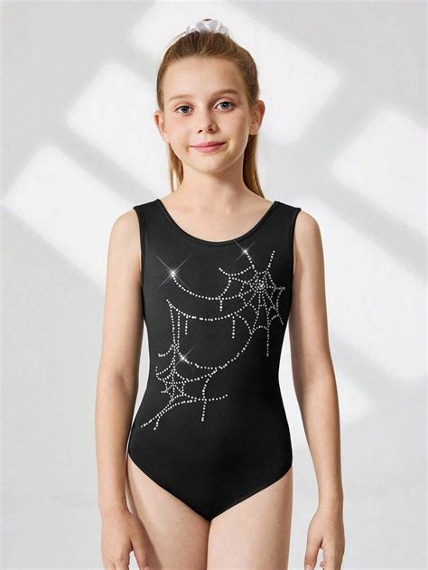 SHEIN Tween Girls Halloween Leotards, Rhinestone Graphic, Gymnastics ...