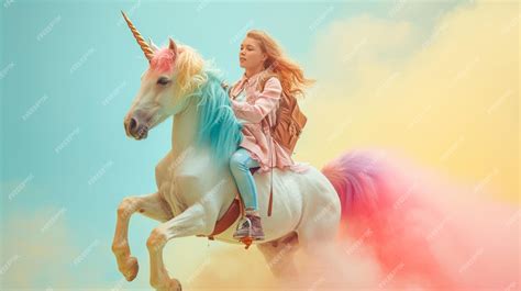 Girl riding unicorn in rainbow cloud of smoke magical fantasy concept ...