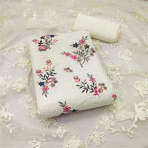 Off White Lucknowi With Printed Cotton Dress Material