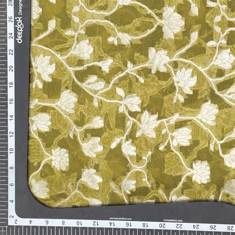 Olive Green Hand-woven Banarasi Brocade Pure Organza Fabric With Light ...