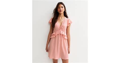 Pink Crinkle Texture Flutter Sleeve Mini Dress | New Look