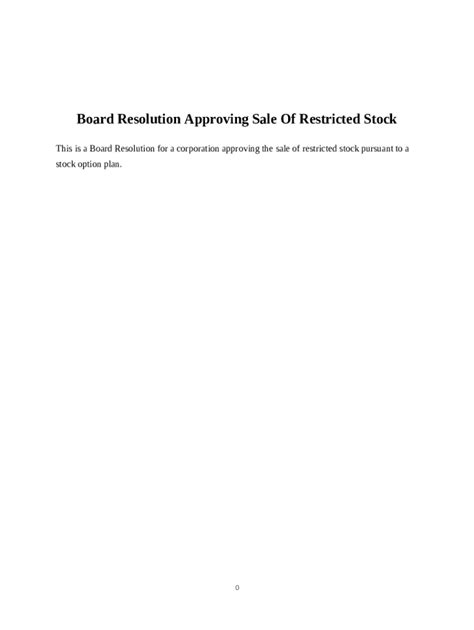 Board Resolution Approving Sale Of Restricted Stock - Blank Fillable ...