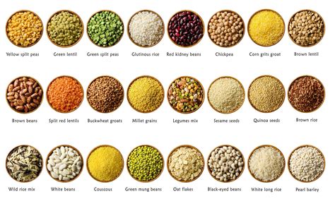 Premium Photo | Big set of legumes and cereals in bowls with names ...