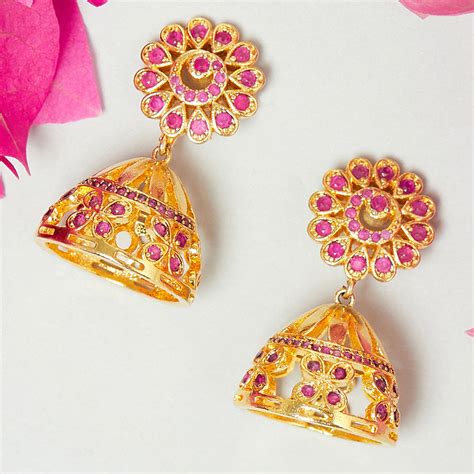 American Diamond CZ Traditional Gold Plated Red Brass Jhumka Earrings ...