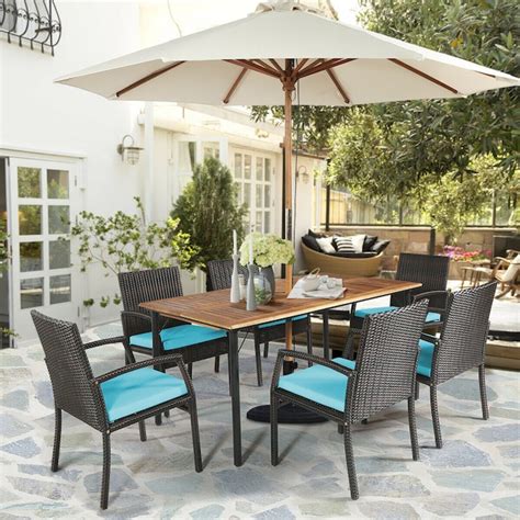 Clihome Patio Dining Set 7-Piece Brown Rattan Patio Dining Set Wood ...