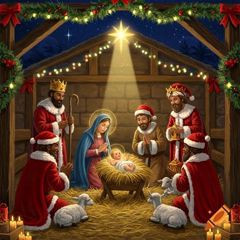 Festive illustration of the Nativity scene with Mary, Joseph, Baby ...