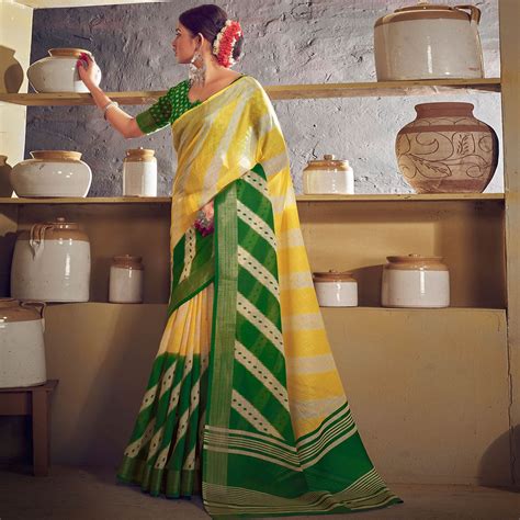 Yellow & Green Printed With Zari Border Linen Saree