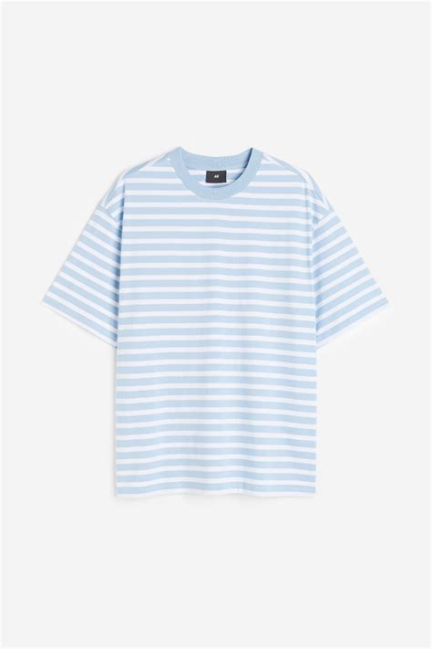 Relaxed Fit Cotton T-shirt - Light blue/White striped - Men | H&M IN