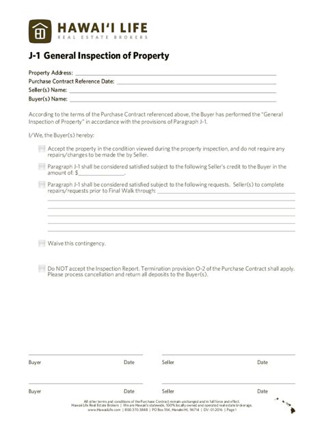 2016-2026 Form HI Life J-1 General Inspection of Property Fill Online ...