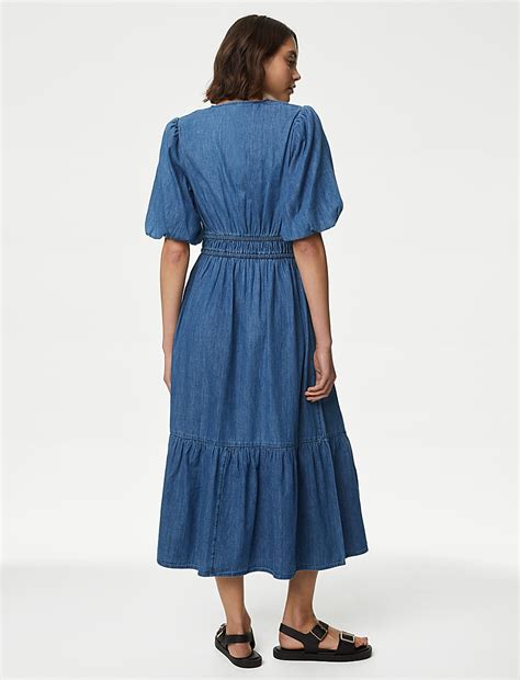 Buy Denim V-Neck Tie Detail Midi Tiered Dress at Marks & Spencer