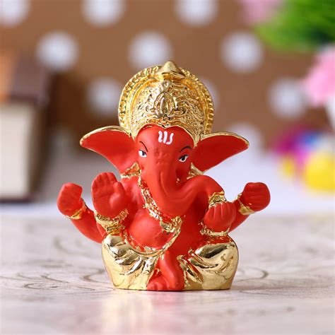 Gold Plated Orange Mukut Ganesha Decorative Showpiece for Home/Temple ...