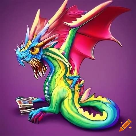 Rainbow dragon enjoying a candy feast on Craiyon