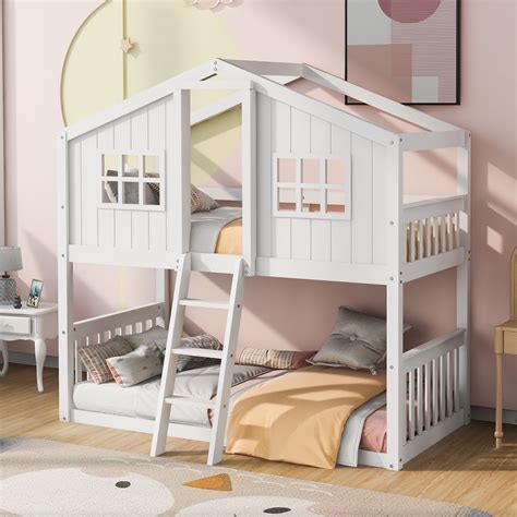 UWR-Nite House Bunk Beds, Twin Over Twin Bunk Bed with Roof, Ladder and ...
