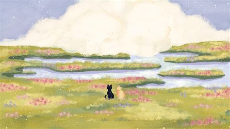 Ghibli Inspired Cat Desktop Wallpaper Cozy Hand-painted Pastel ...