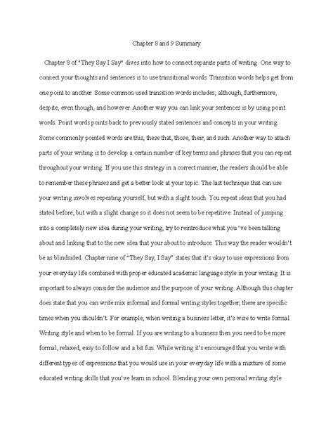 They say I say - They say I say - Chapter 8 and 9 Summary Chapter 8 of ...