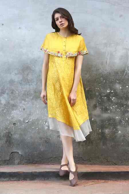 Buy Yellow Linen Satin Round Cape Dress For Women by I Am Design Online ...